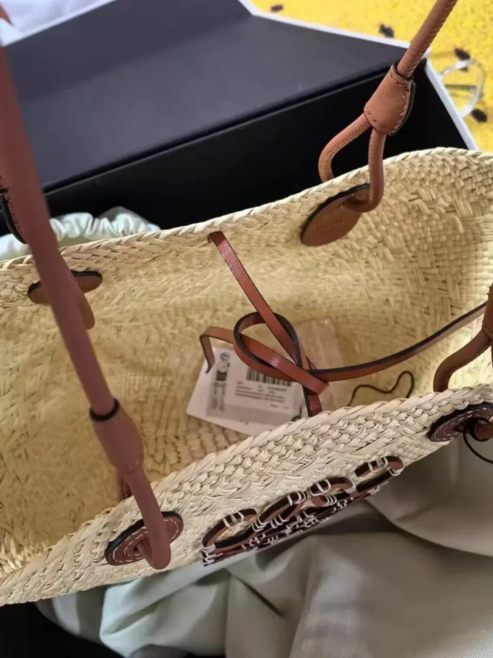Loewe Anagram Leather Trim Raffia Open Top Tote Bag